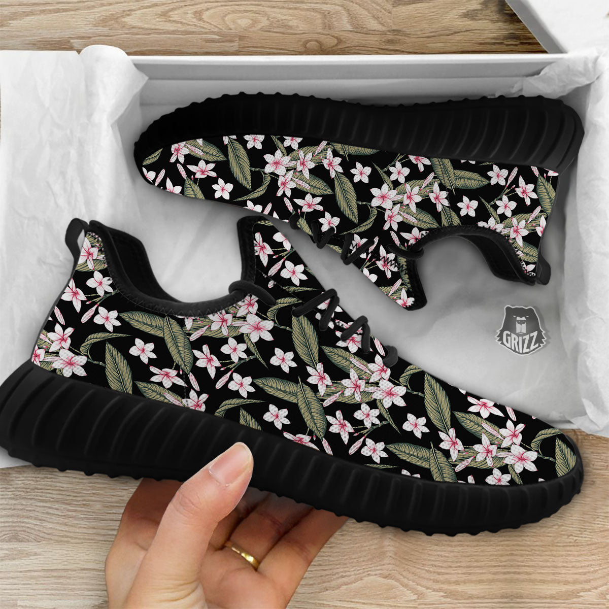 Flower Frangipani Print Pattern Black Walking Shoes-grizzshop