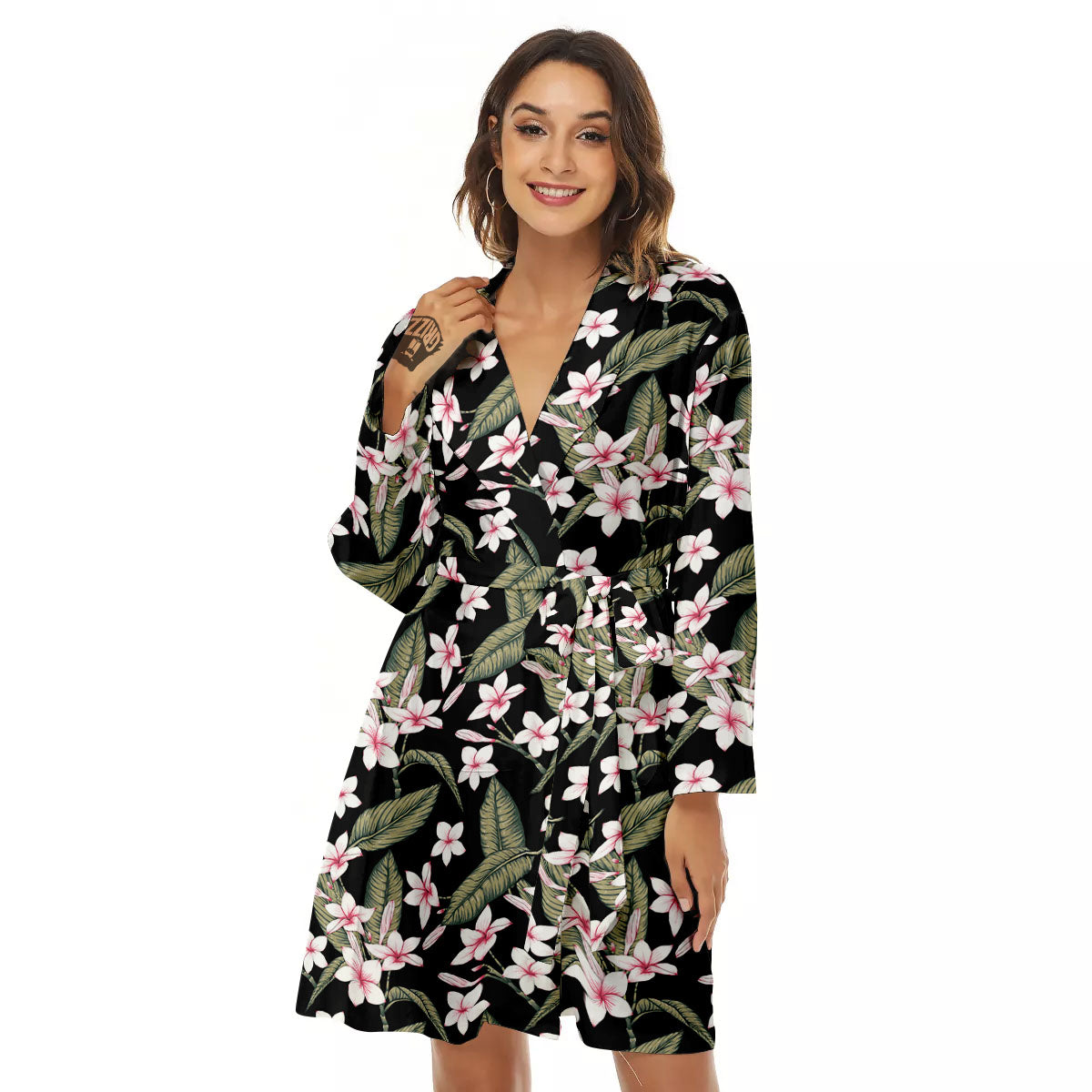 Flower Frangipani Print Pattern Women's Robe-grizzshop