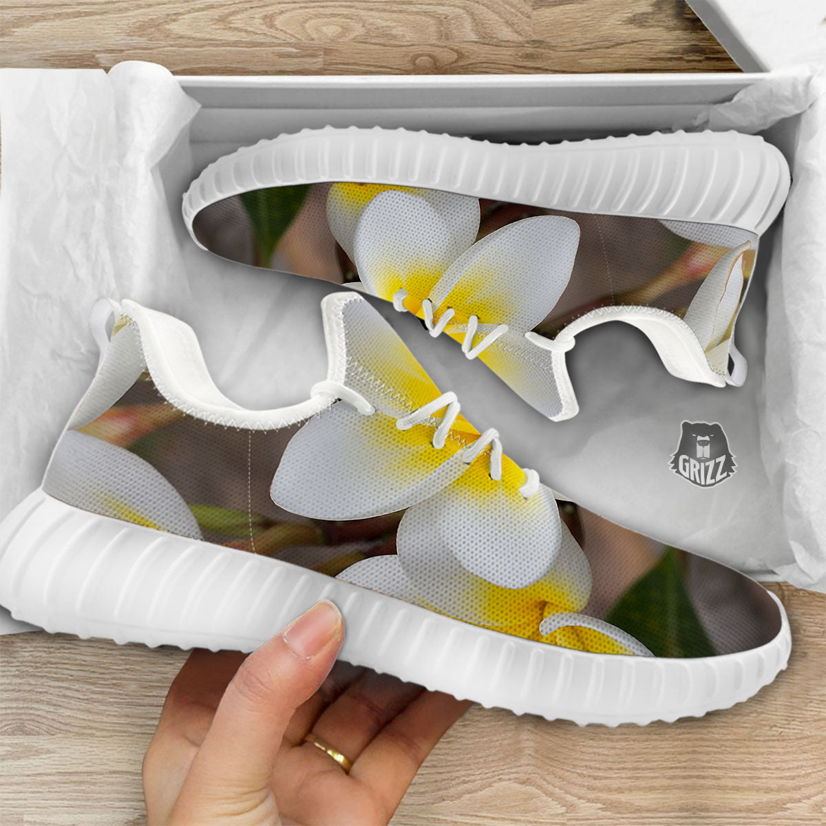 Flower Frangipani Print White Walking Shoes-grizzshop