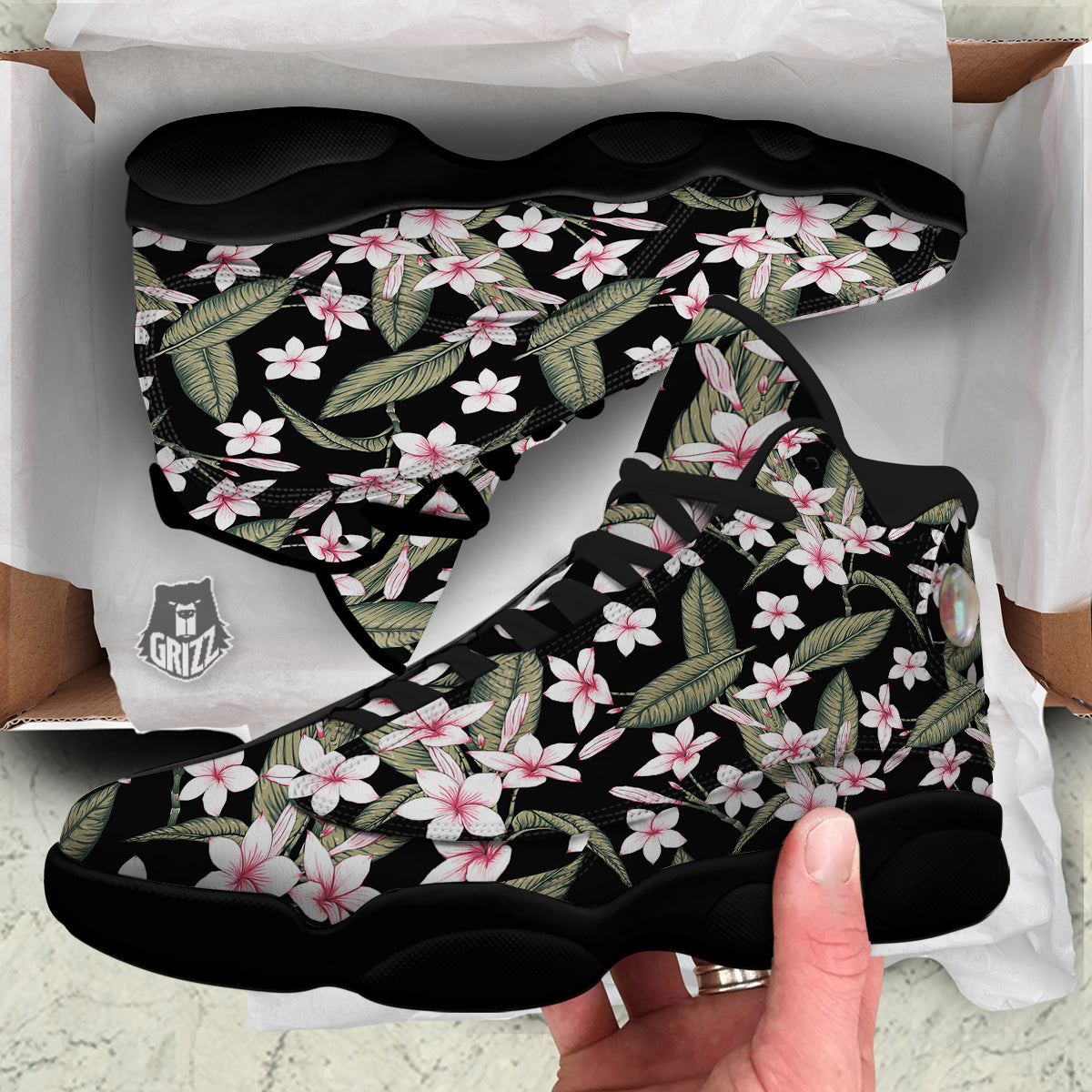 Flower Frangipani Watercolor Print Pattern Black Basketball Shoes-grizzshop