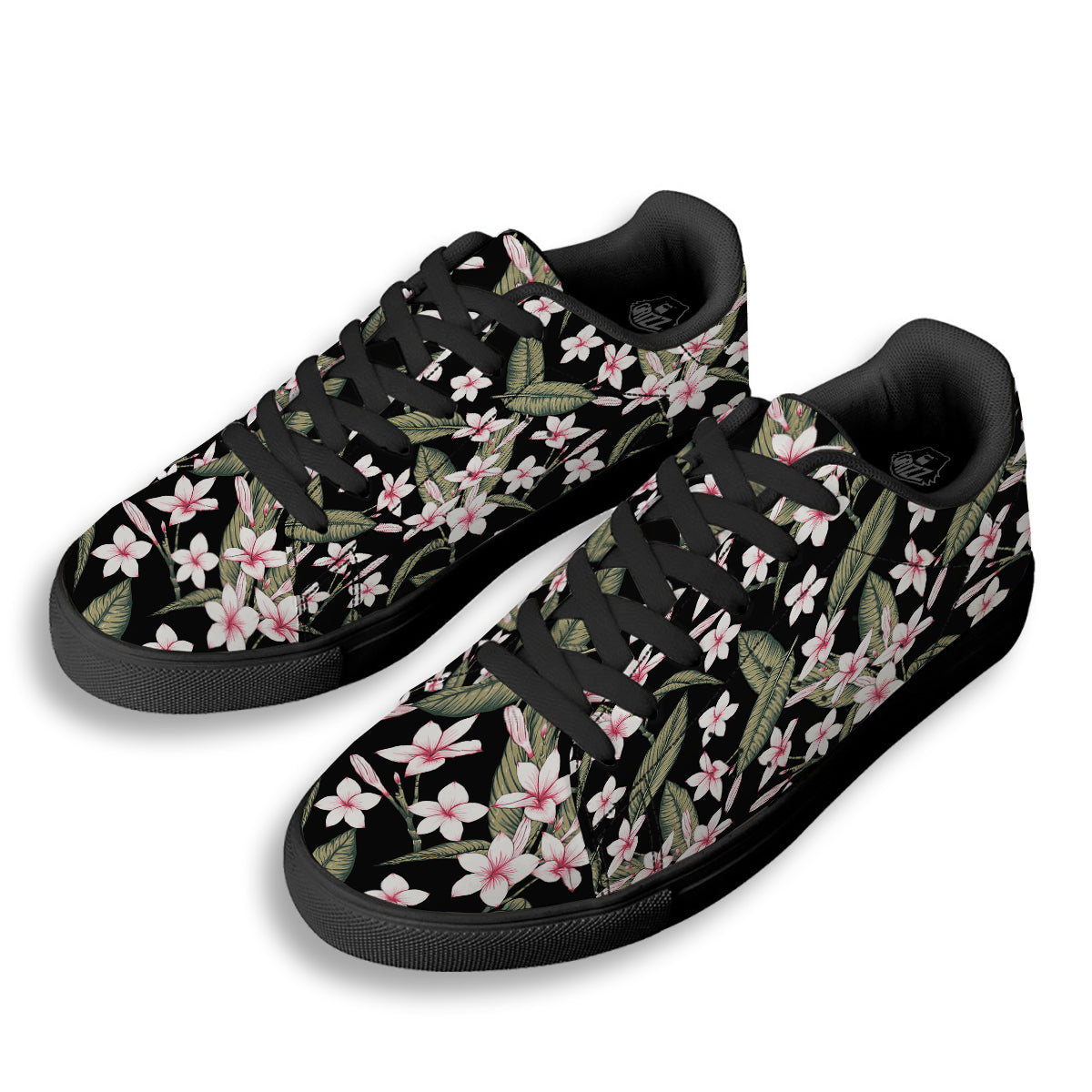 Flower Frangipani Watercolor Print Pattern Black Low Top Sneakers-grizzshop