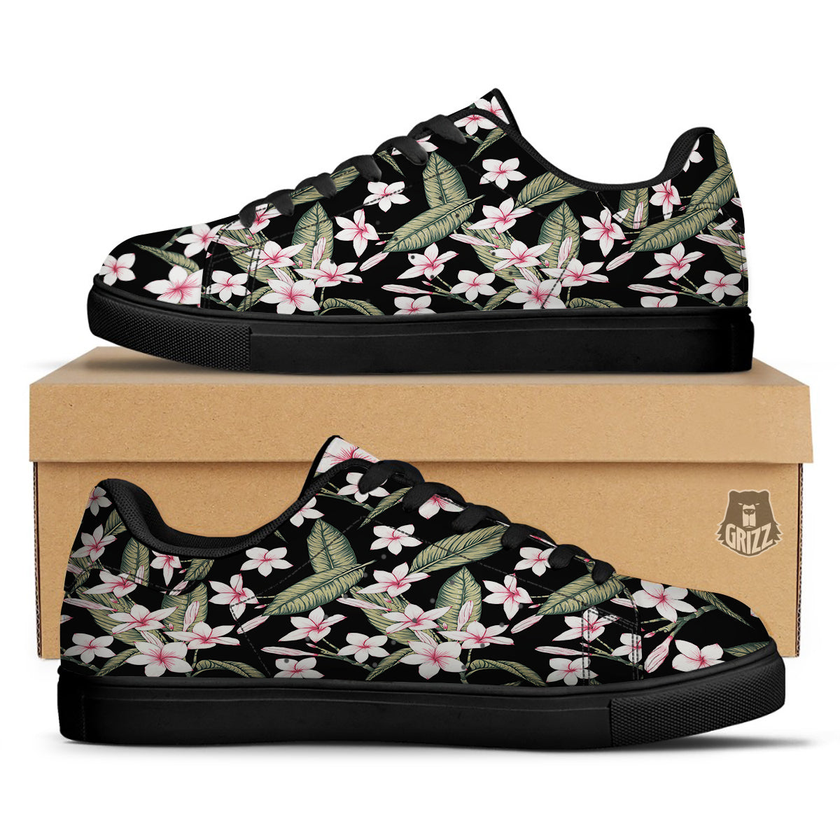 Flower Frangipani Watercolor Print Pattern Black Low Top Sneakers-grizzshop