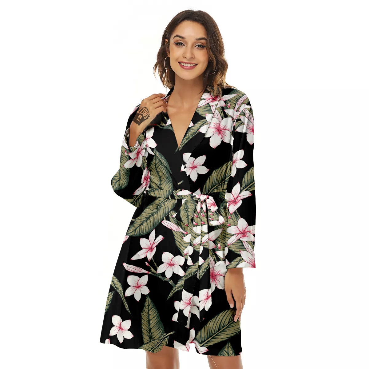 Flower Frangipani Watercolor Print Pattern Women's Robe-grizzshop