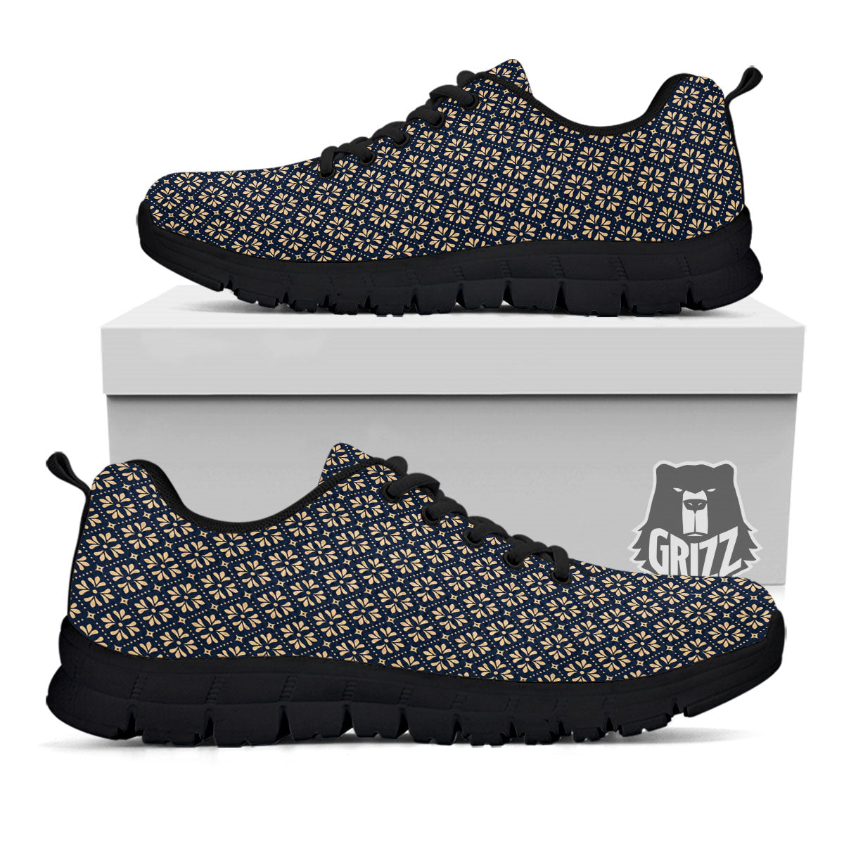 Flower Geometric Dot Print Pattern Black Sneaker-grizzshop
