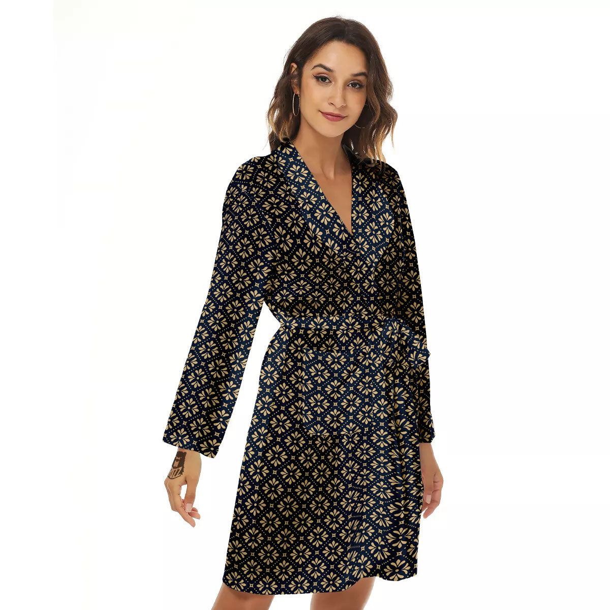 Flower Geometric Dot Print Pattern Women's Robe-grizzshop