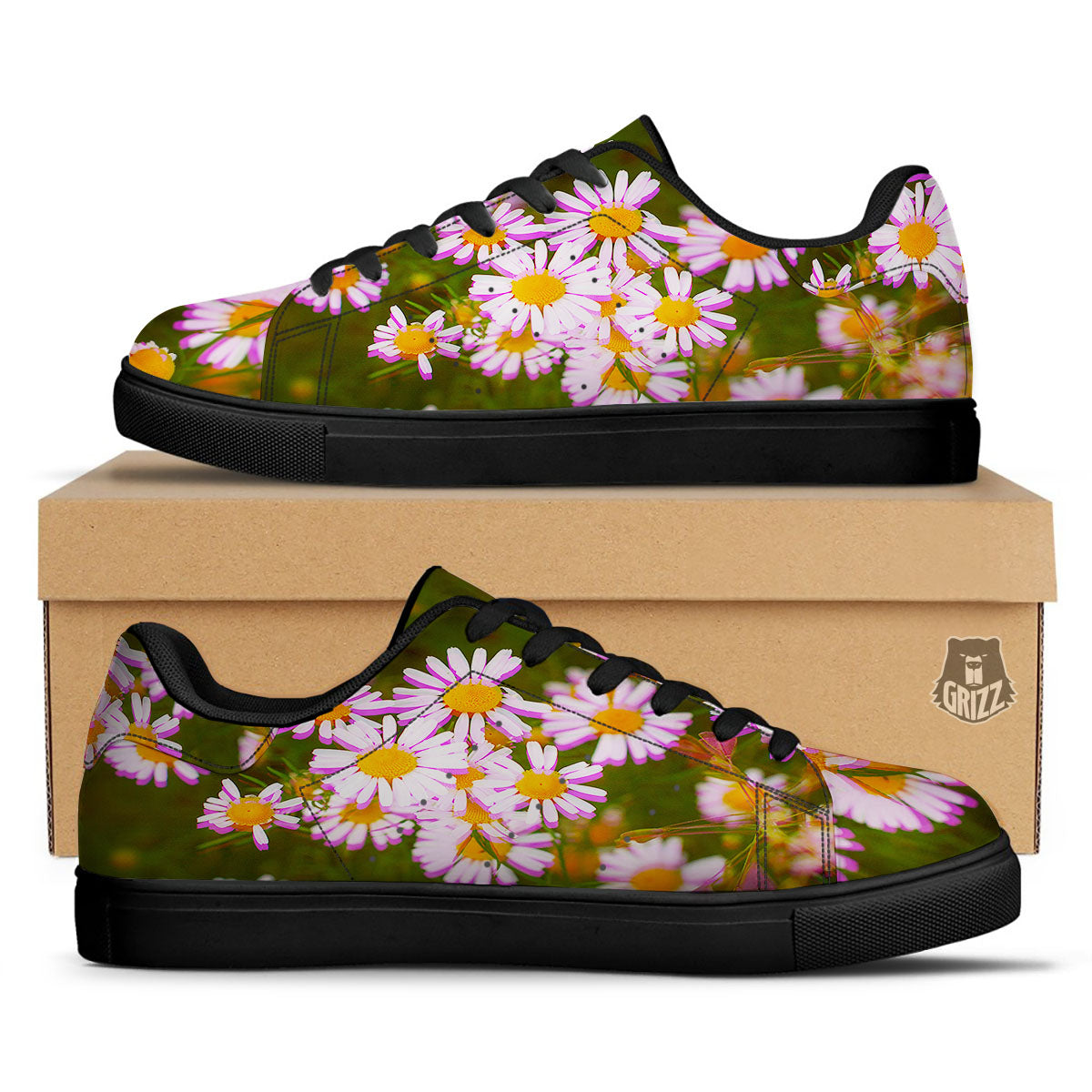 Flower Glitch Daisy Print Black Low Top Sneakers-grizzshop