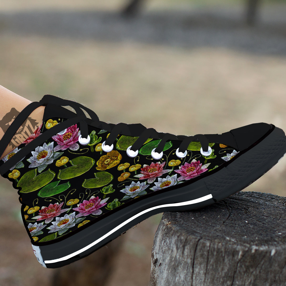 Flower Lily Water Print Pattern Black High Top Shoes-grizzshop