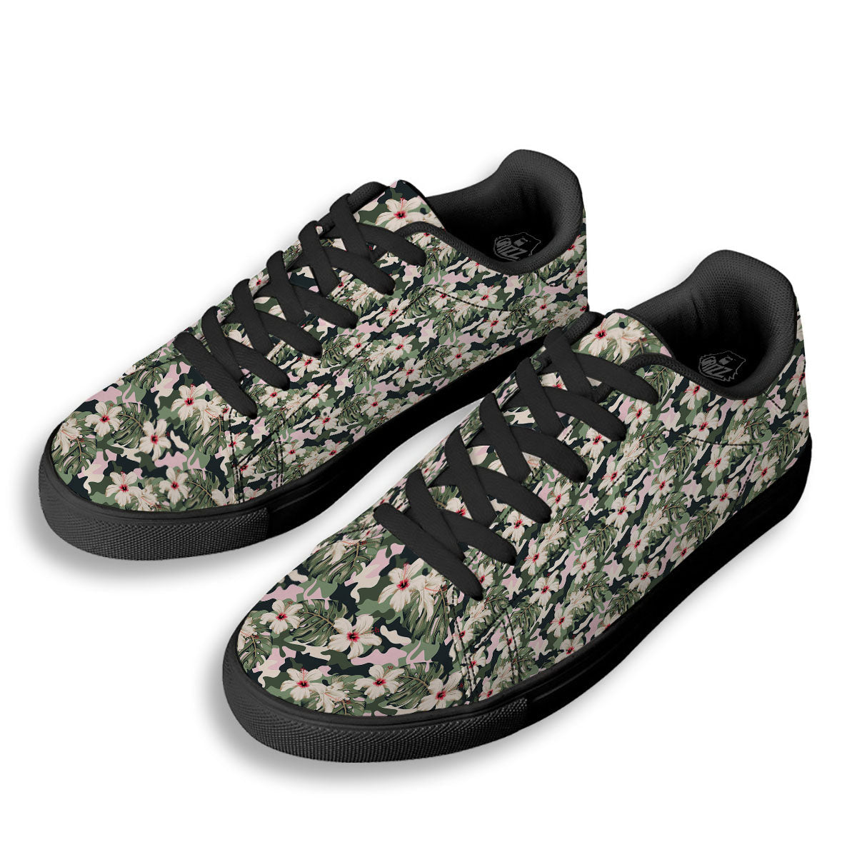 Flower Military Camouflage Print Pattern Black Low Top Sneakers-grizzshop