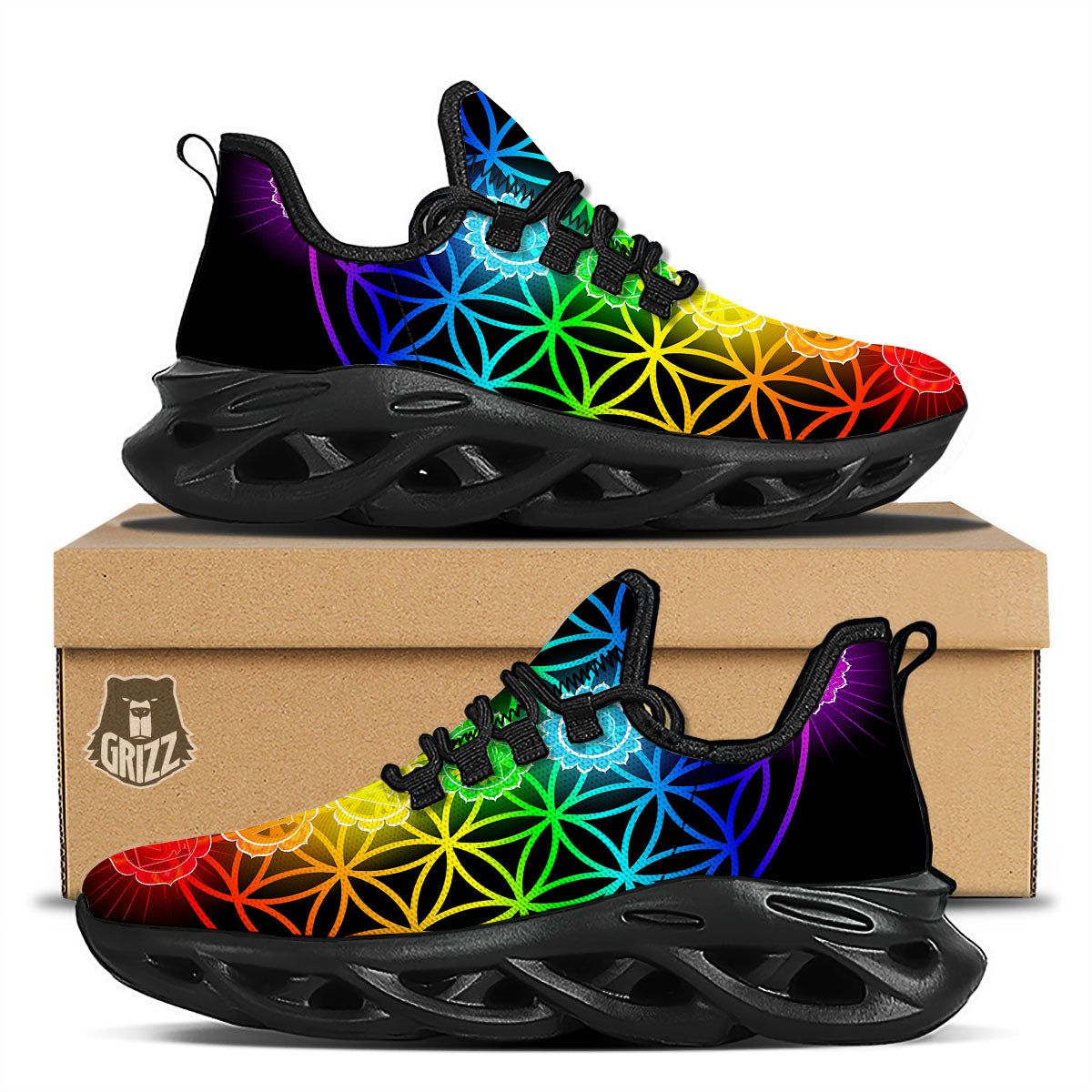 Flower Of Life Seven Chakras Print Black Running Shoes-grizzshop