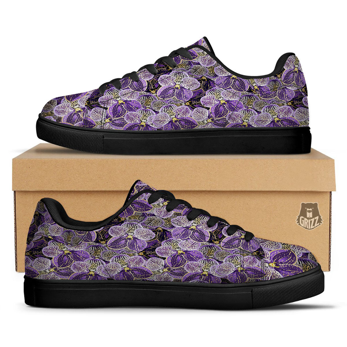 Flower Orchid Purple Print Pattern Black Low Top Sneakers-grizzshop