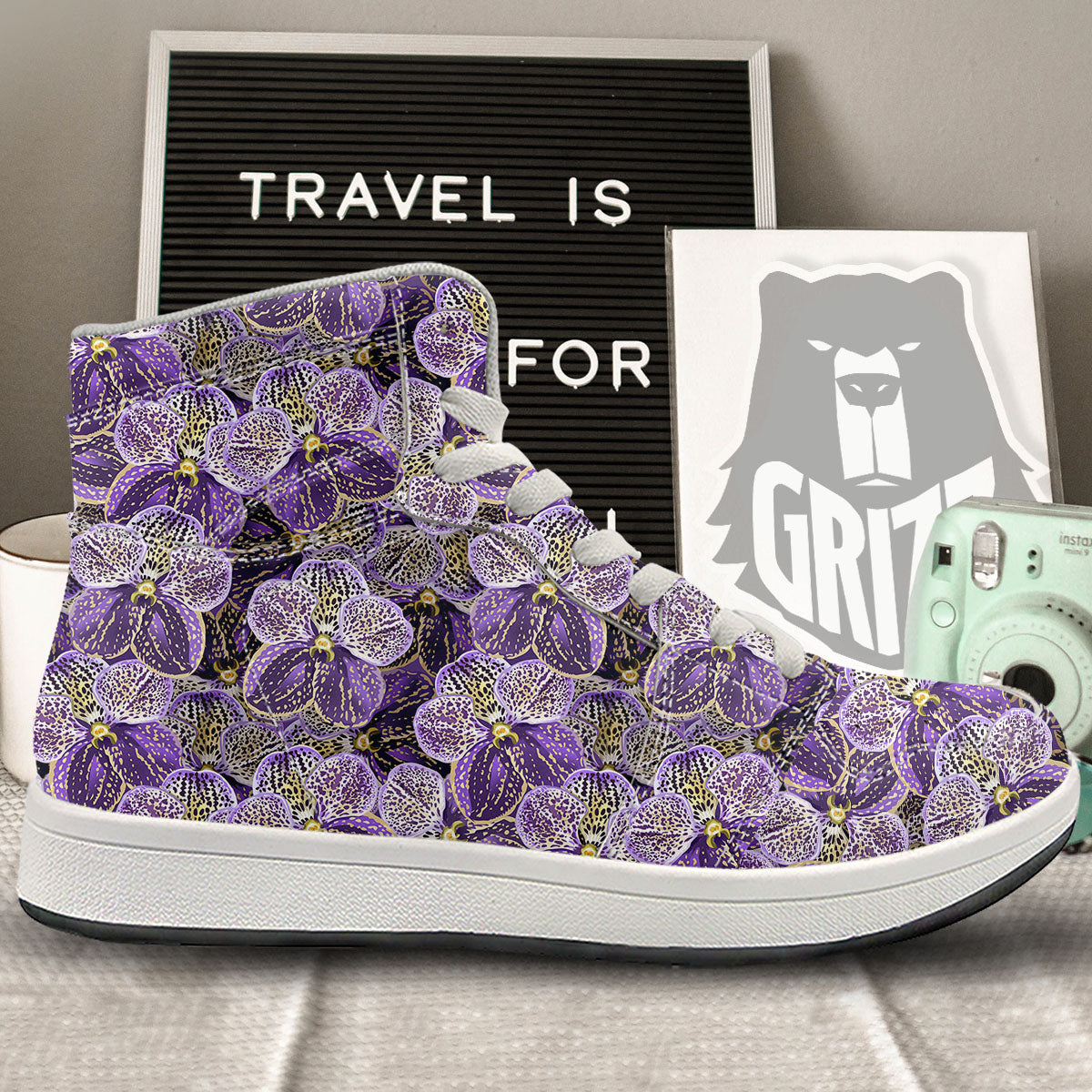 Flower Orchid Purple Print Pattern High Top Sneakers-grizzshop