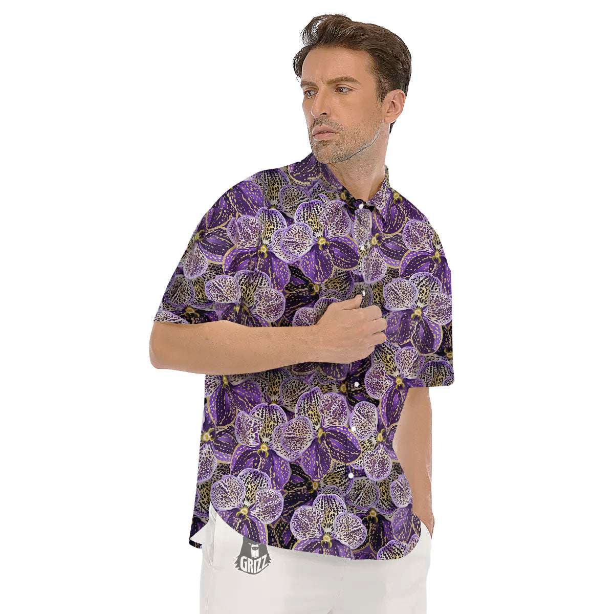 Flower Orchid Purple Print Pattern Men's Short Sleeve Shirts-grizzshop