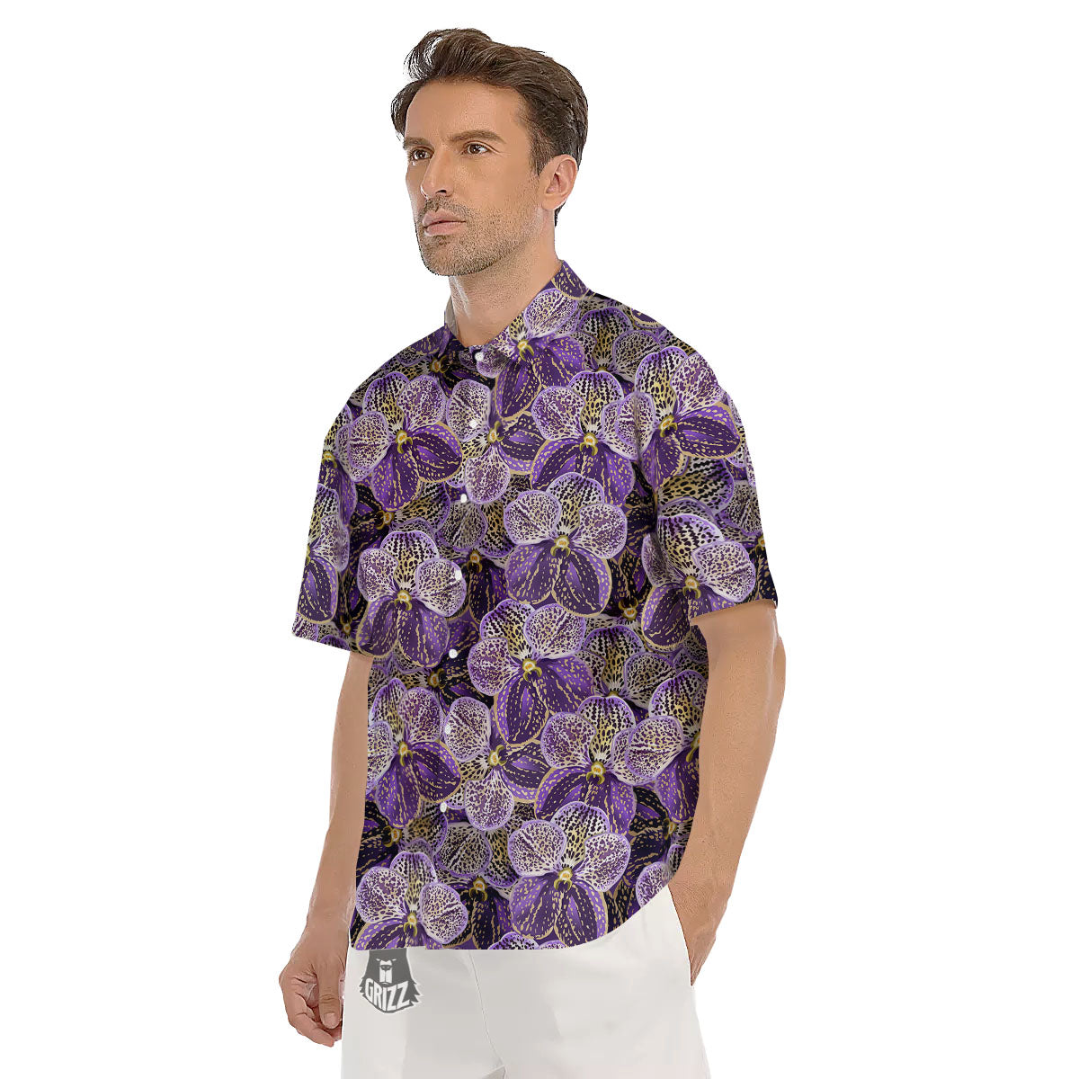 Flower Orchid Purple Print Pattern Men's Short Sleeve Shirts-grizzshop