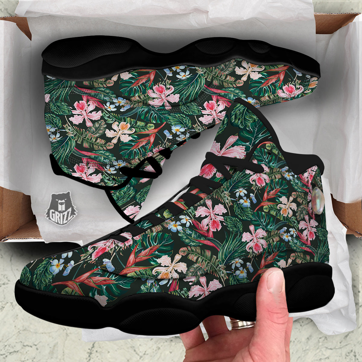 Flower Orchid Tropical Print Pattern Black Basketball Shoes-grizzshop