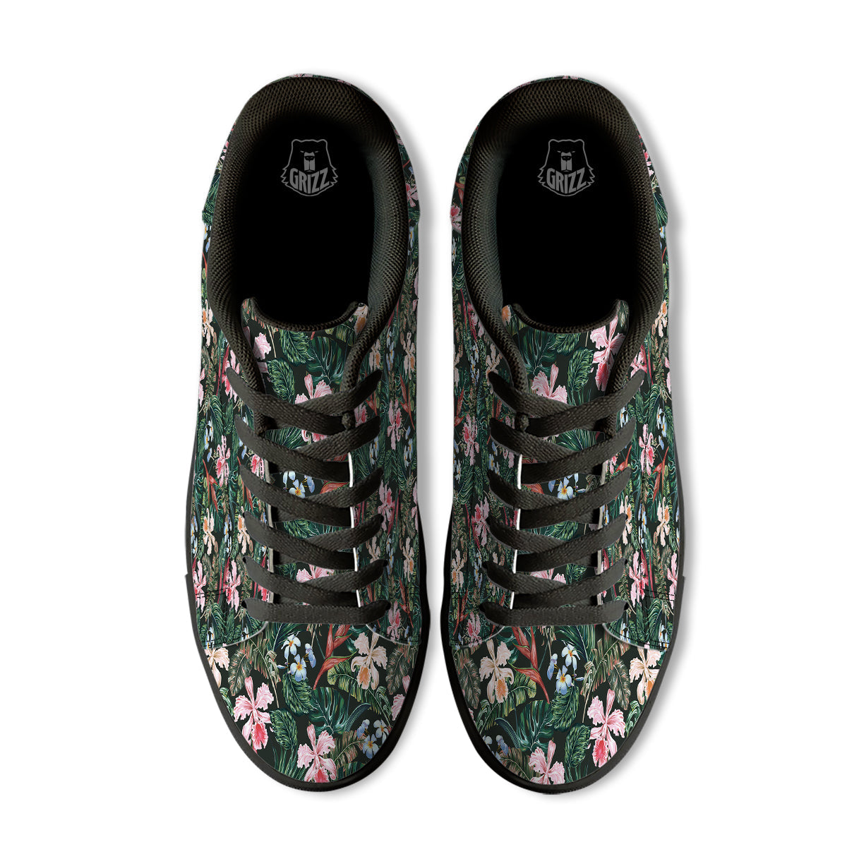 Flower Orchid Tropical Print Pattern Black Low Top Sneakers-grizzshop