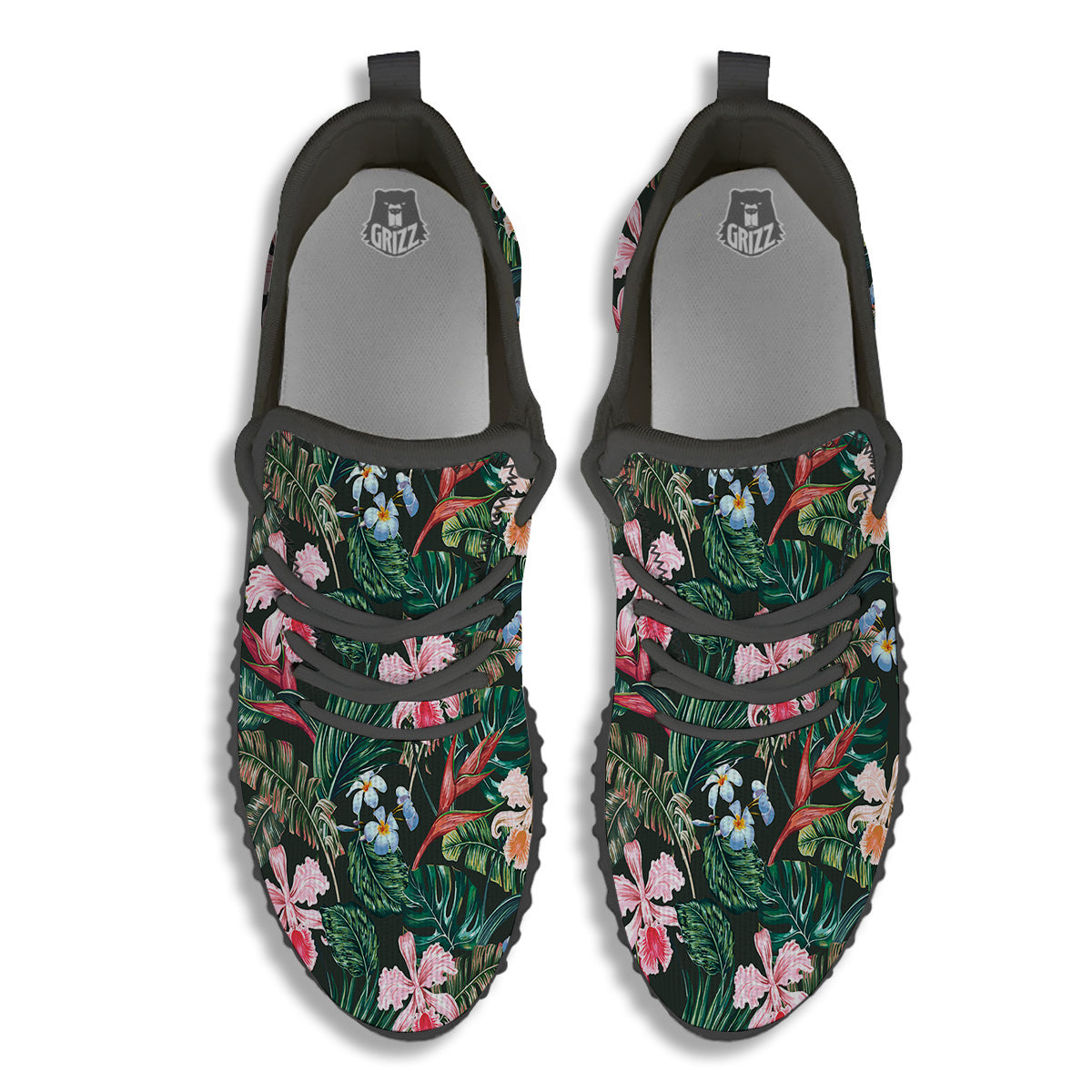 Flower Orchid Tropical Print Pattern Black Walking Shoes-grizzshop