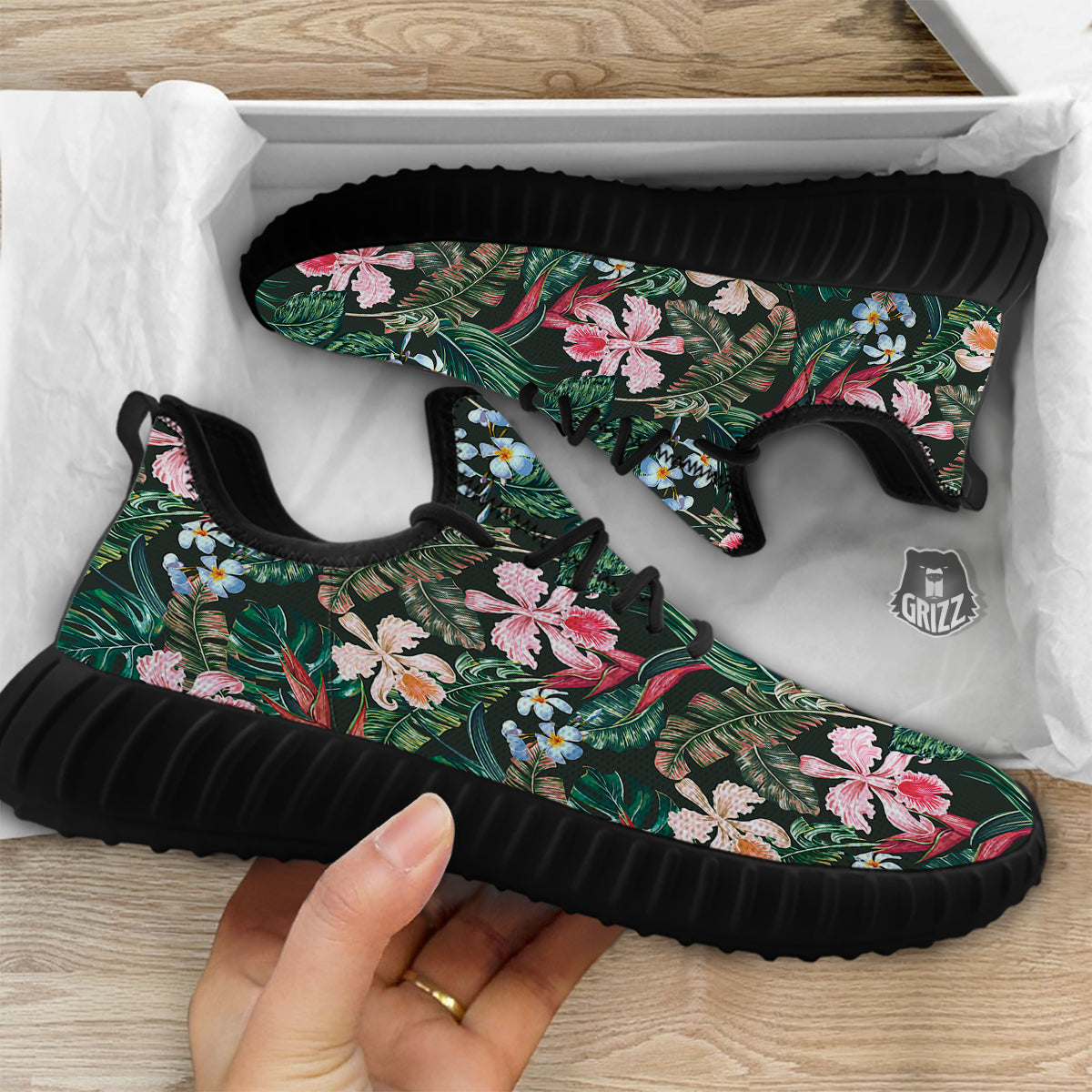 Flower Orchid Tropical Print Pattern Black Walking Shoes-grizzshop