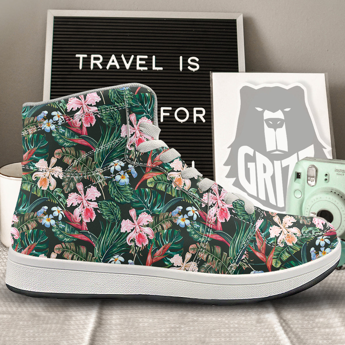 Flower Orchid Tropical Print Pattern High Top Sneakers-grizzshop