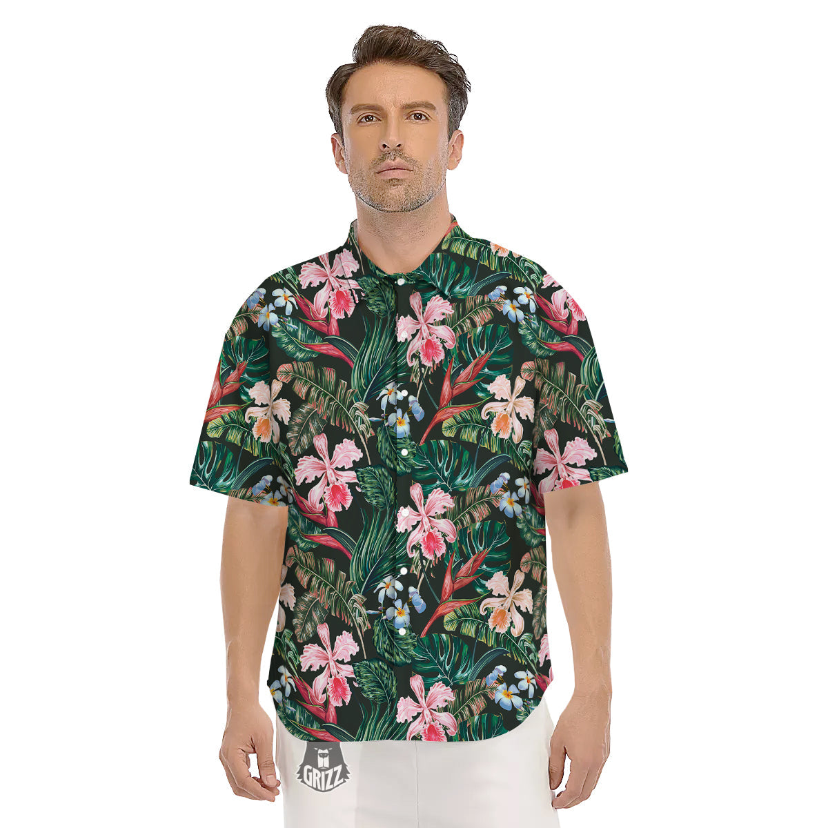 Flower Orchid Tropical Print Pattern Men's Short Sleeve Shirts-grizzshop