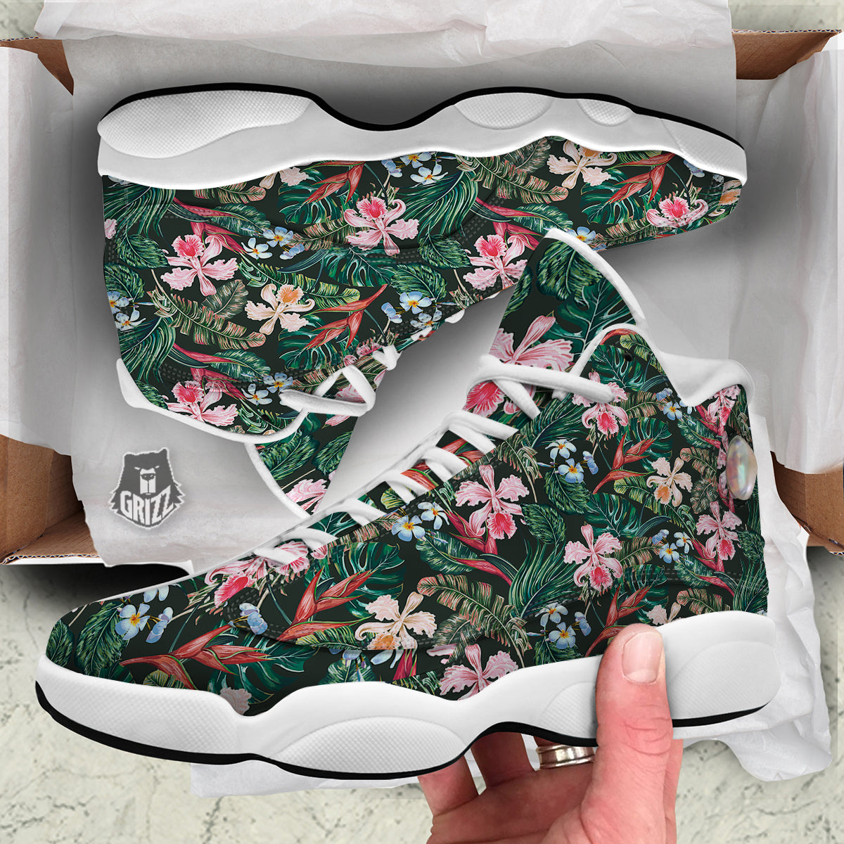 Flower Orchid Tropical Print Pattern White Basketball Shoes-grizzshop
