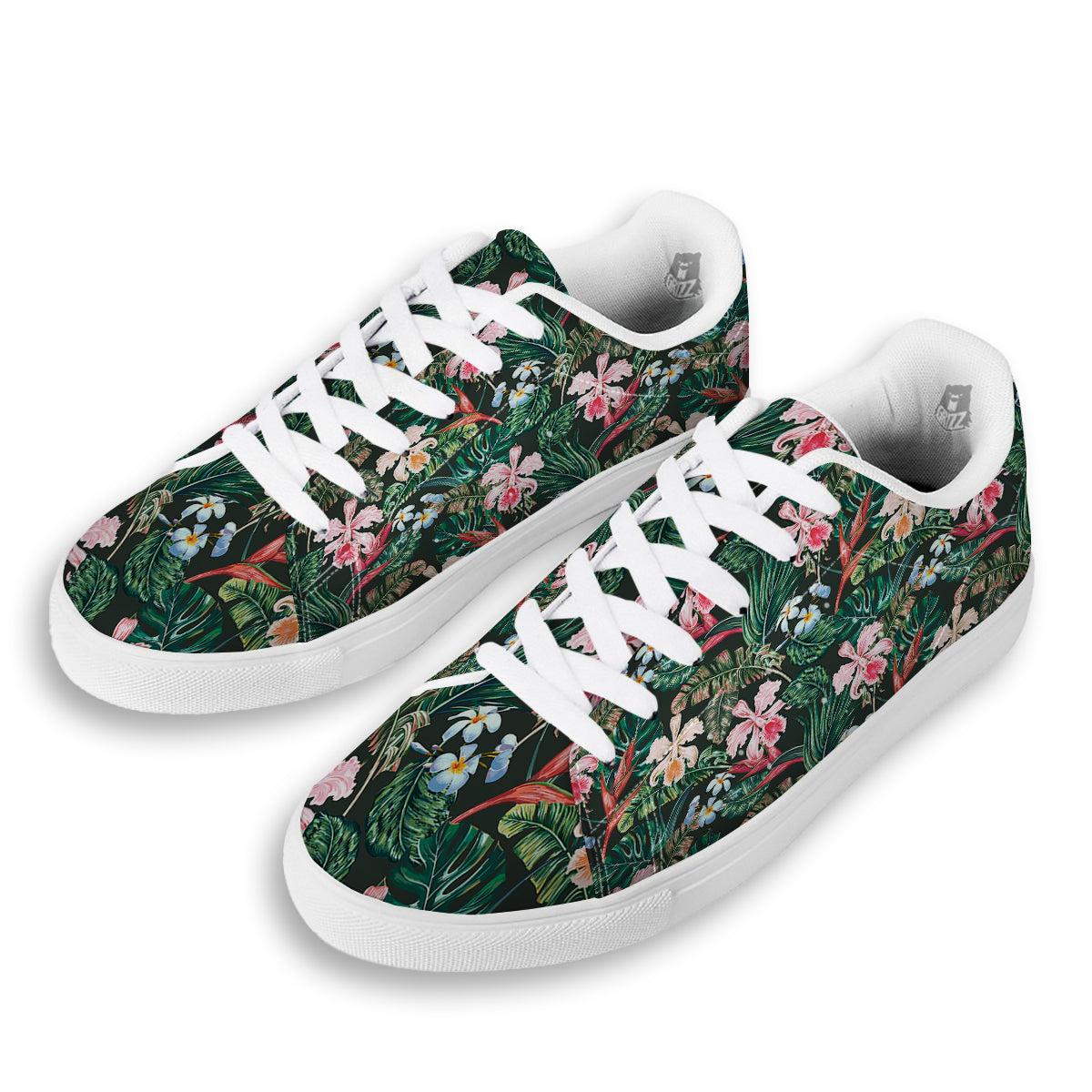 Flower Orchid Tropical Print Pattern White Low Top Sneakers-grizzshop