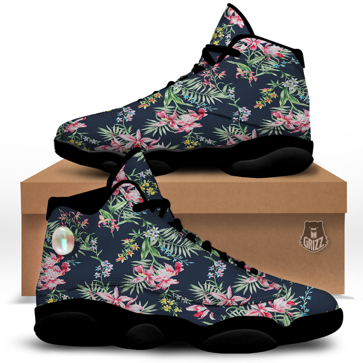 Flower Orchid Watercolor Print Pattern Black Basketball Shoes-grizzshop