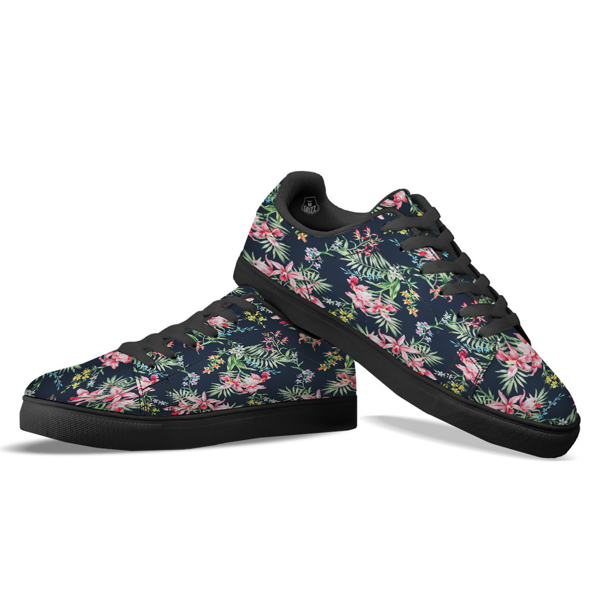 Flower Orchid Watercolor Print Pattern Black Low Top Sneakers-grizzshop