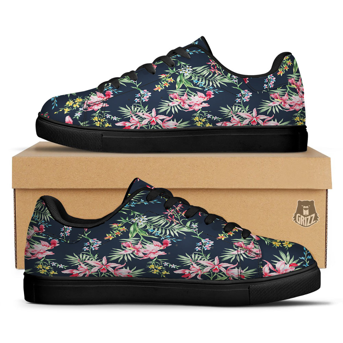 Flower Orchid Watercolor Print Pattern Black Low Top Sneakers-grizzshop