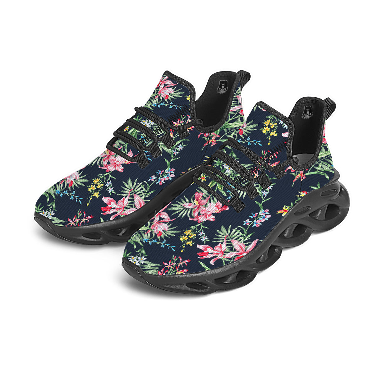 Flower Orchid Watercolor Print Pattern Black Running Shoes-grizzshop