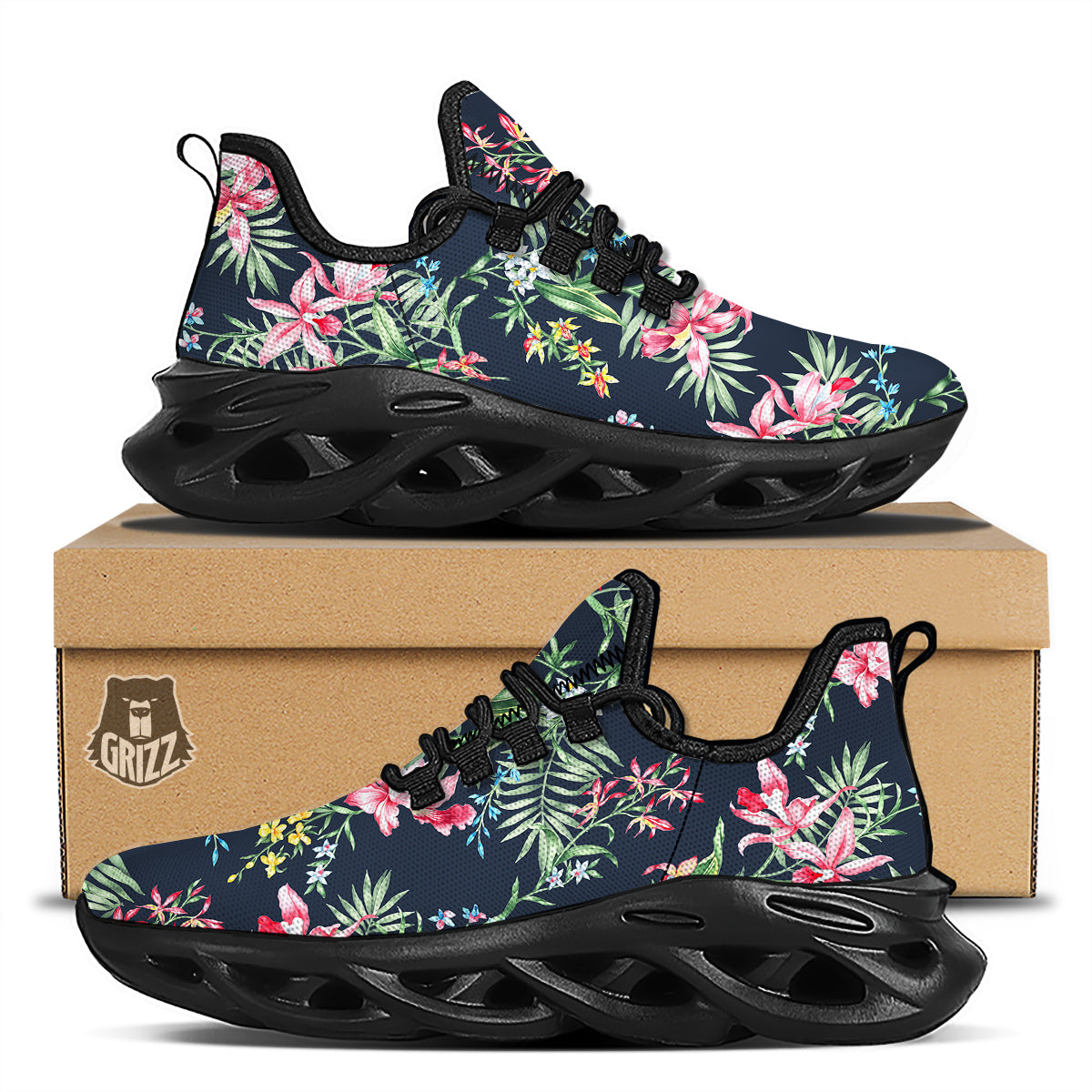 Flower Orchid Watercolor Print Pattern Black Running Shoes-grizzshop