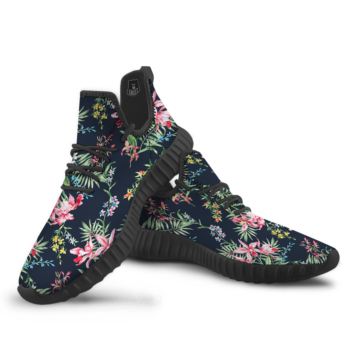 Flower Orchid Watercolor Print Pattern Black Walking Shoes-grizzshop