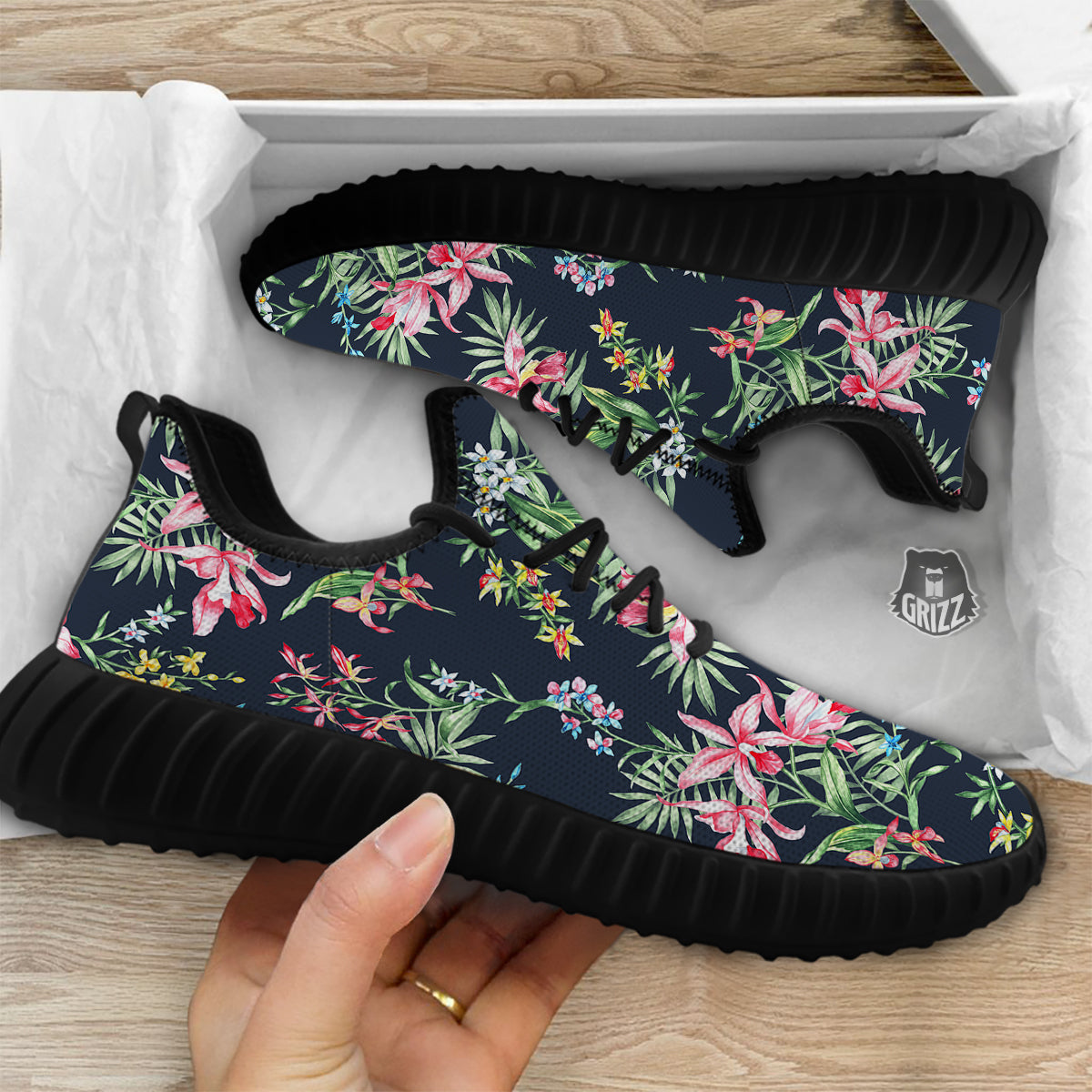 Flower Orchid Watercolor Print Pattern Black Walking Shoes-grizzshop