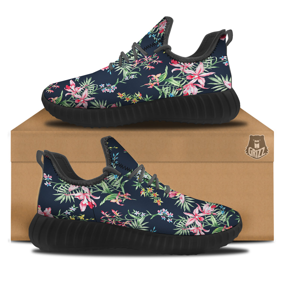 Flower Orchid Watercolor Print Pattern Black Walking Shoes-grizzshop
