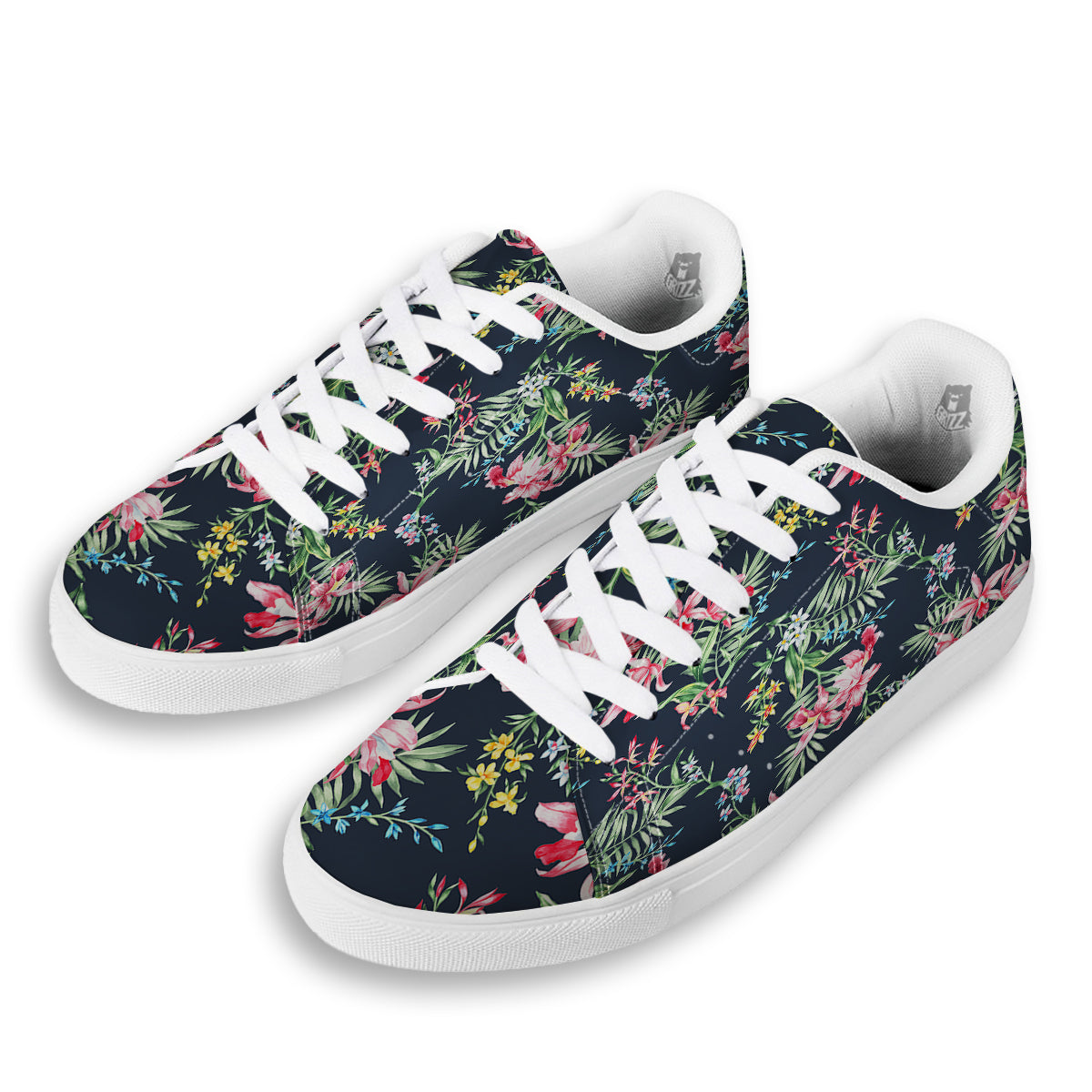 Flower Orchid Watercolor Print Pattern White Low Top Sneakers-grizzshop