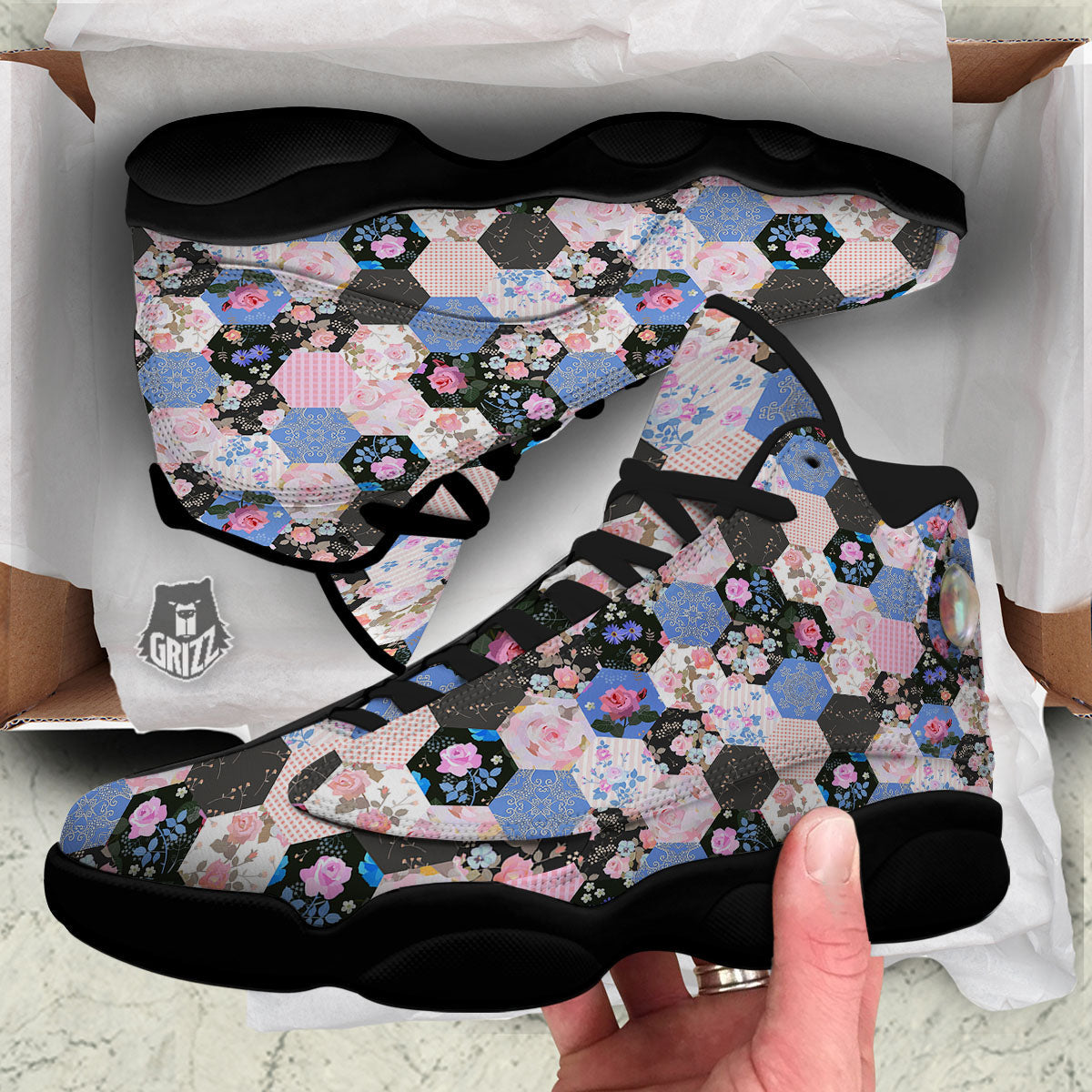 Flower Patchwork Pink Print Pattern Black Basketball Shoes-grizzshop