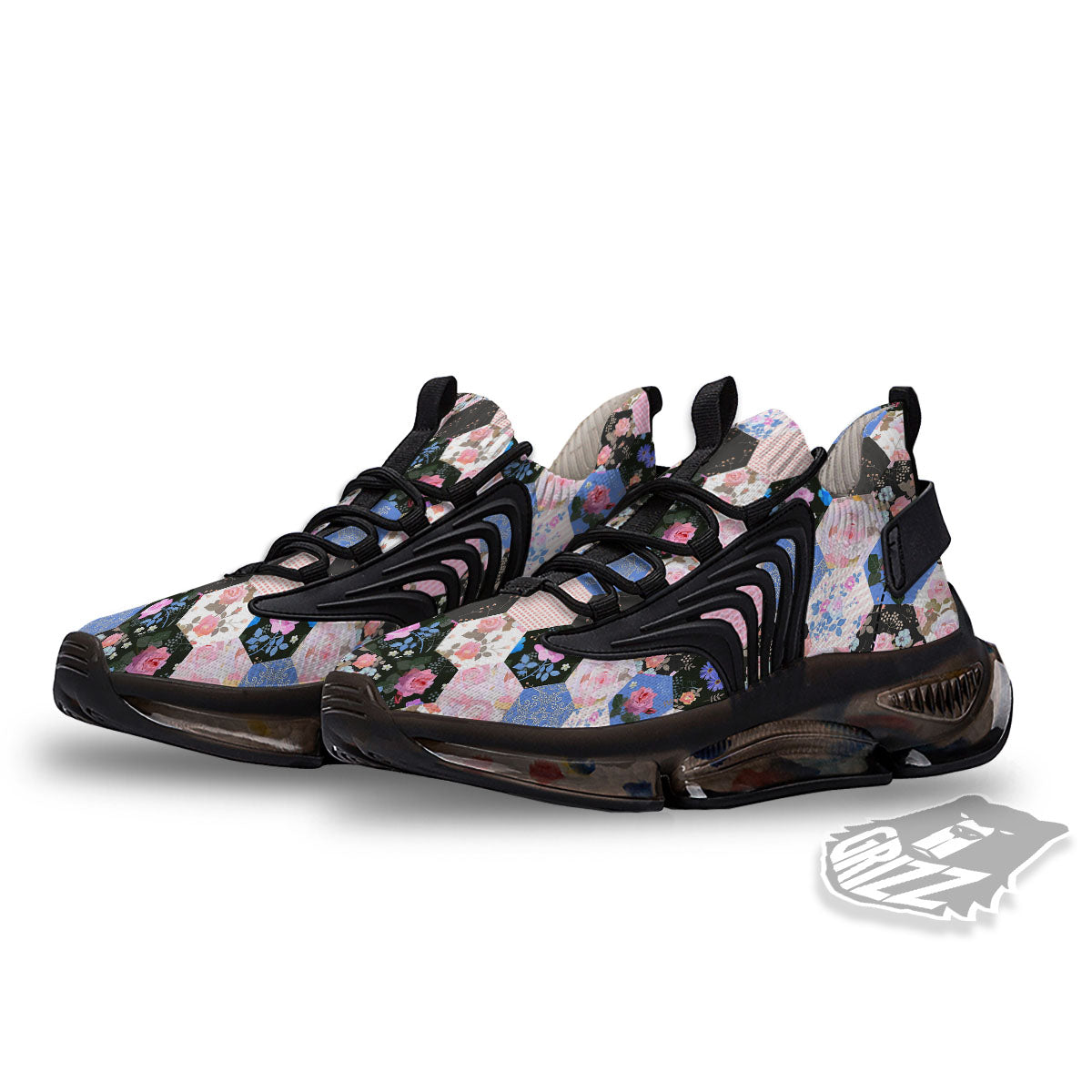 Flower Patchwork Pink Print Pattern Black Gym Shoes-grizzshop