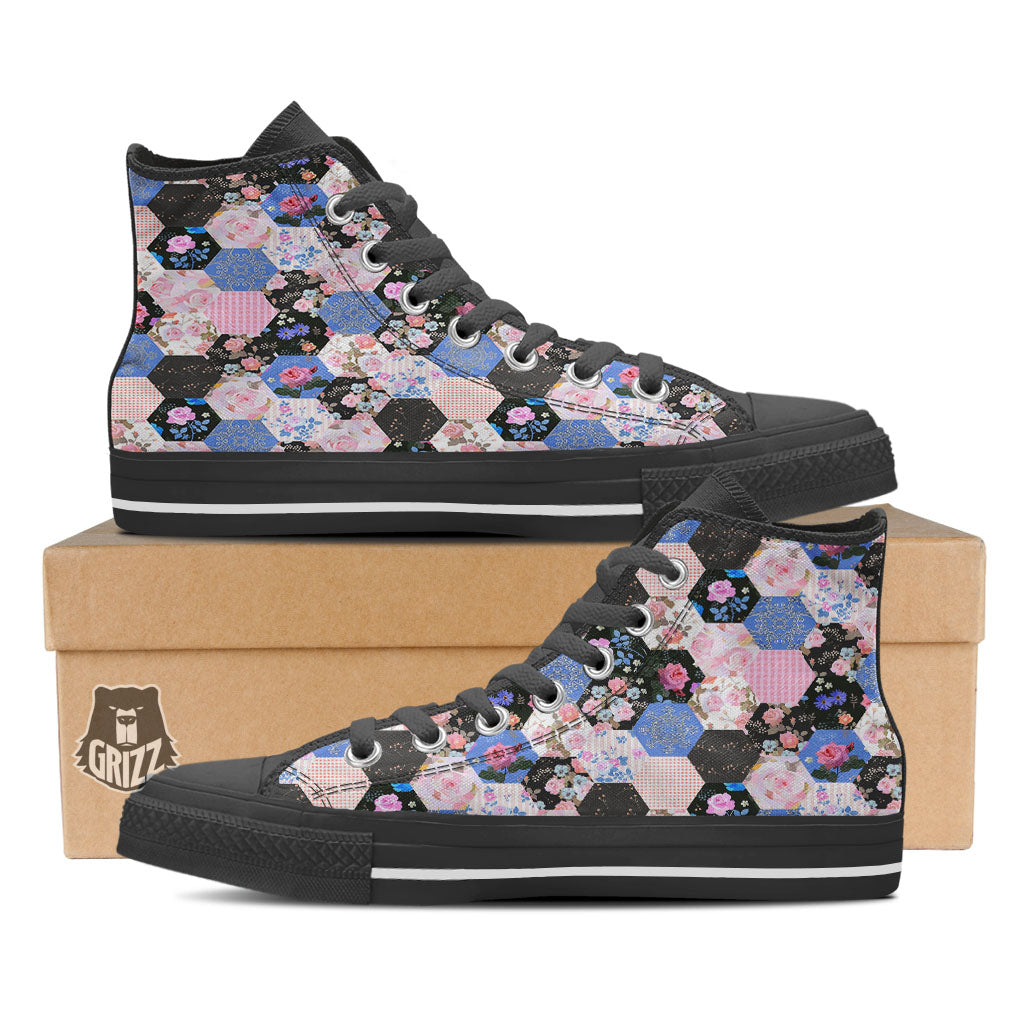 Flower Patchwork Pink Print Pattern Black High Top Shoes-grizzshop