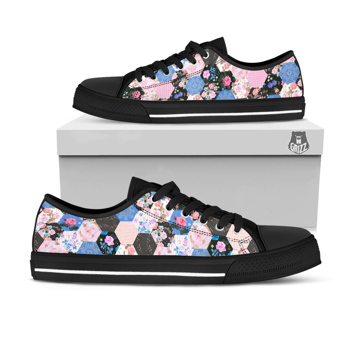 Flower Patchwork Pink Print Pattern Black Low Top Shoes-grizzshop