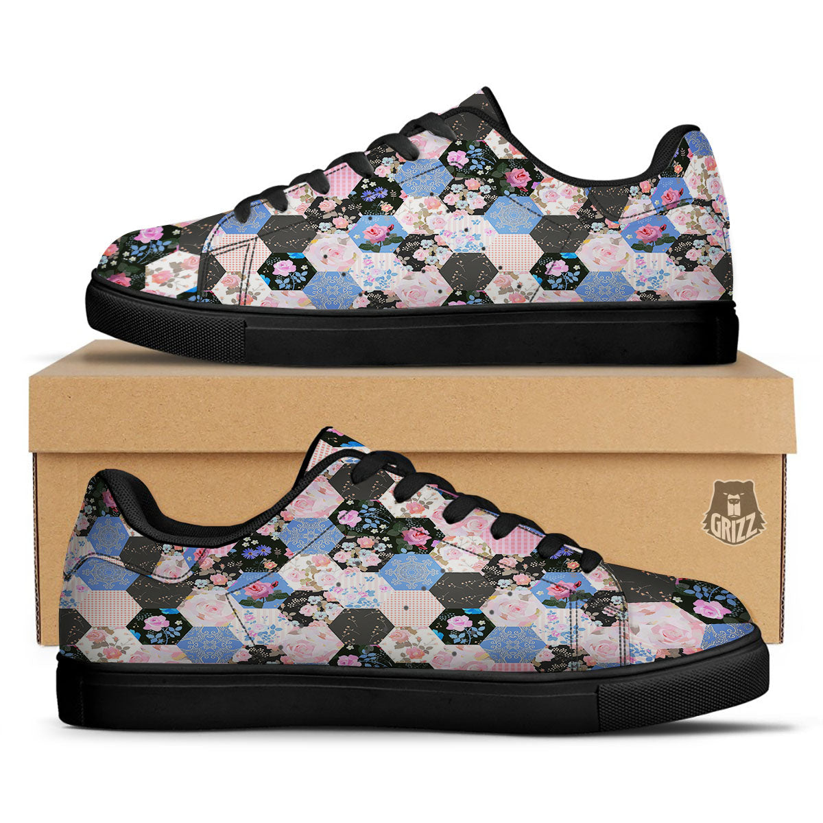 Flower Patchwork Pink Print Pattern Black Low Top Sneakers-grizzshop