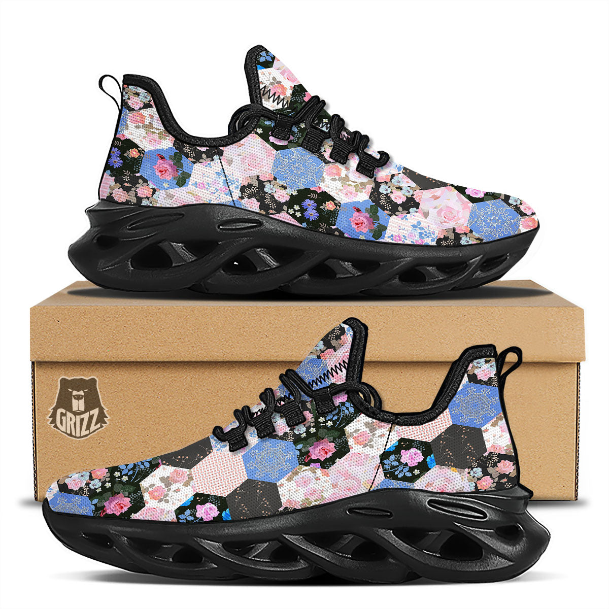 Flower Patchwork Pink Print Pattern Black Running Shoes-grizzshop