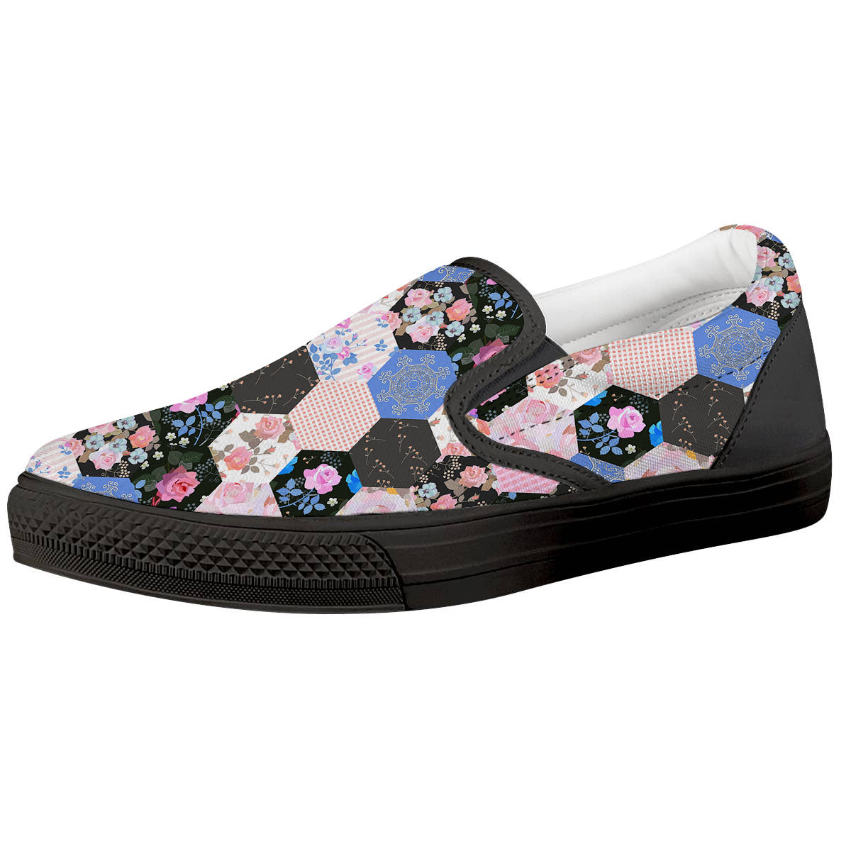 Flower Patchwork Pink Print Pattern Black Slip On Shoes-grizzshop