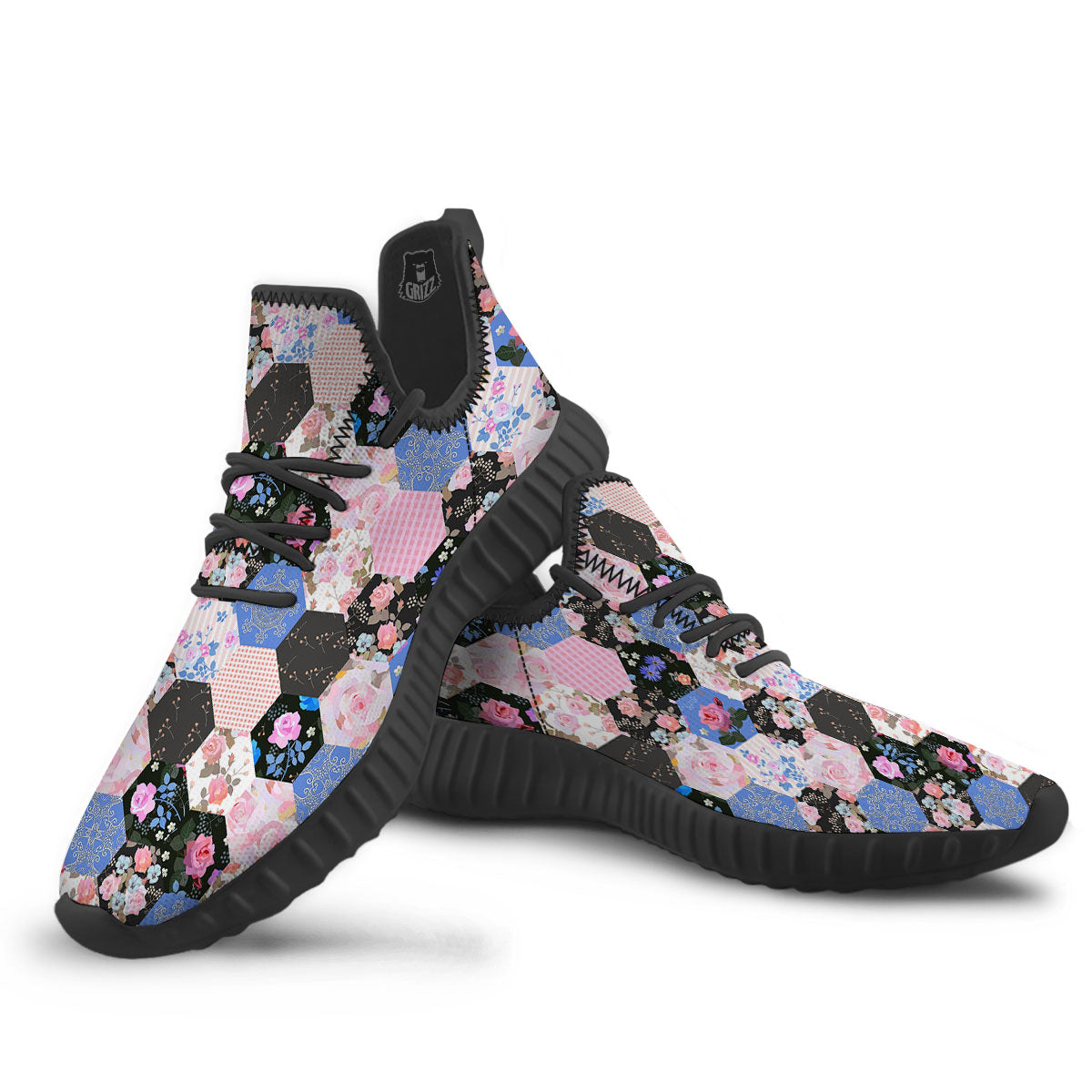 Flower Patchwork Pink Print Pattern Black Walking Shoes-grizzshop
