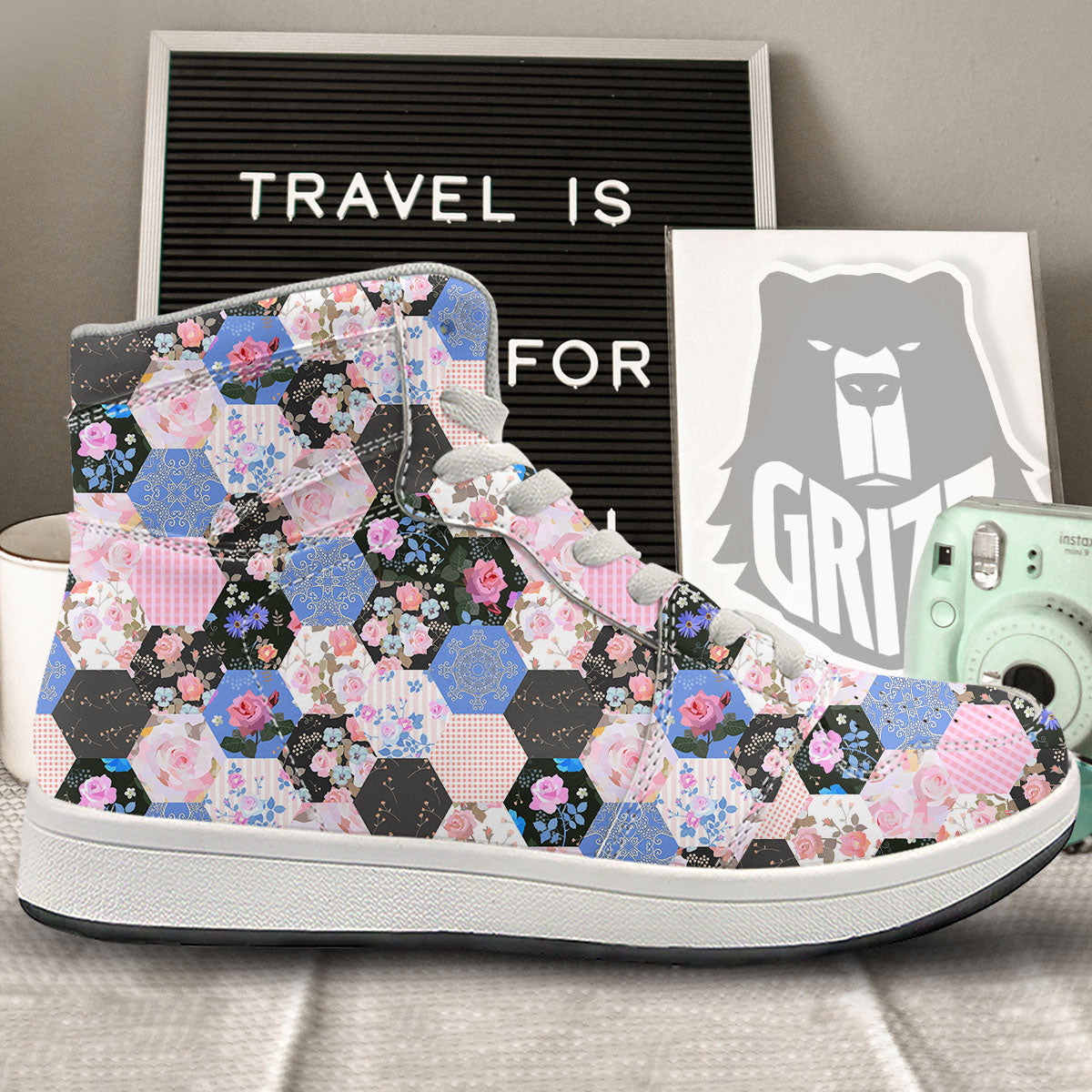 Flower Patchwork Pink Print Pattern High Top Sneakers-grizzshop