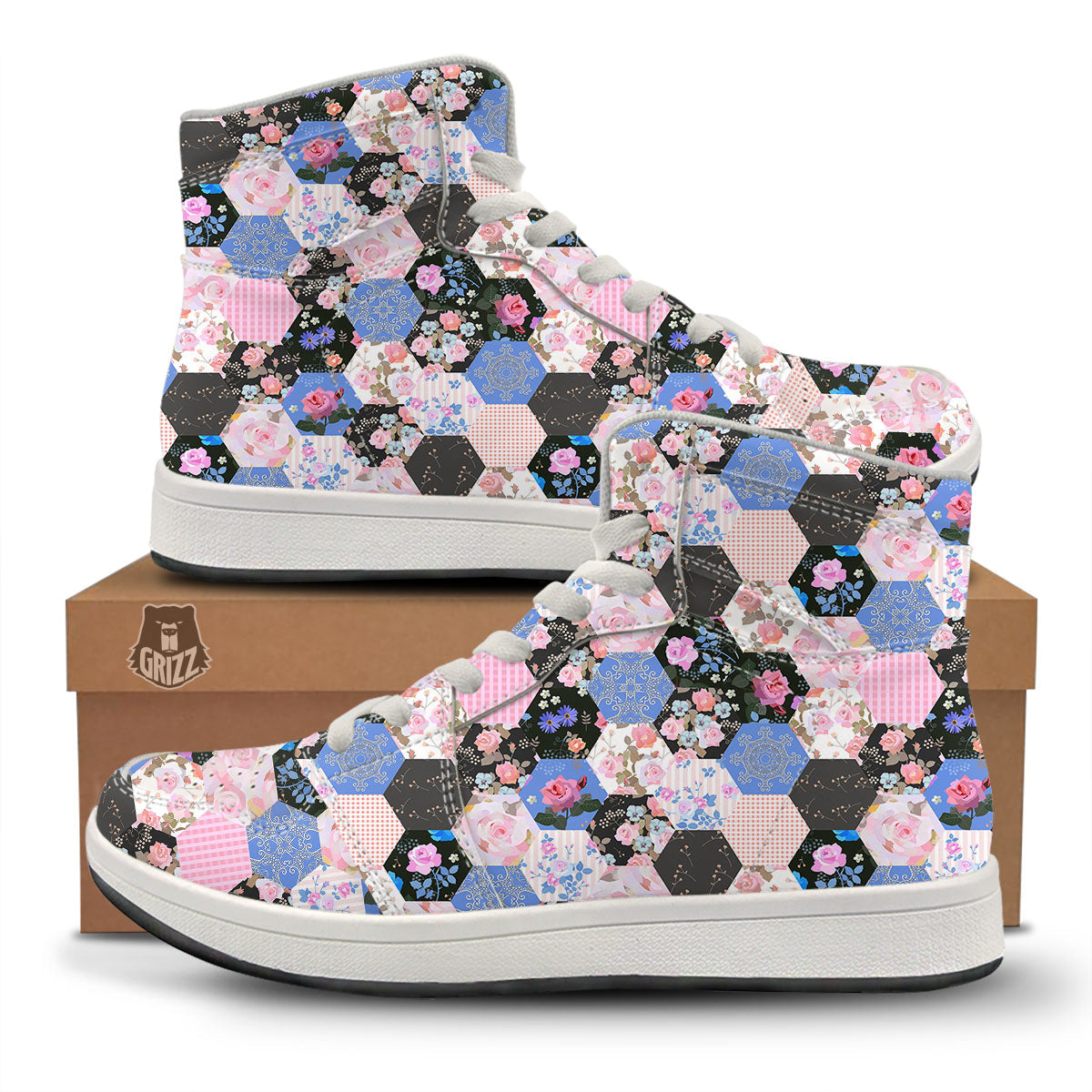 Flower Patchwork Pink Print Pattern High Top Sneakers-grizzshop