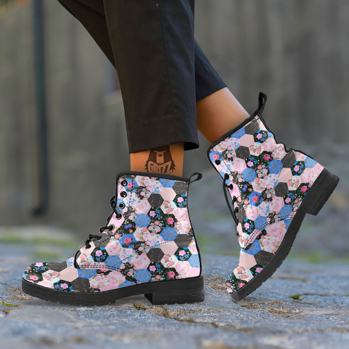 Flower Patchwork Pink Print Pattern Leather Boots-grizzshop