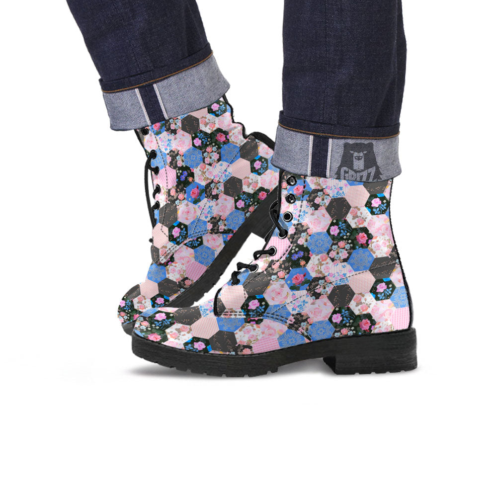 Flower Patchwork Pink Print Pattern Leather Boots-grizzshop