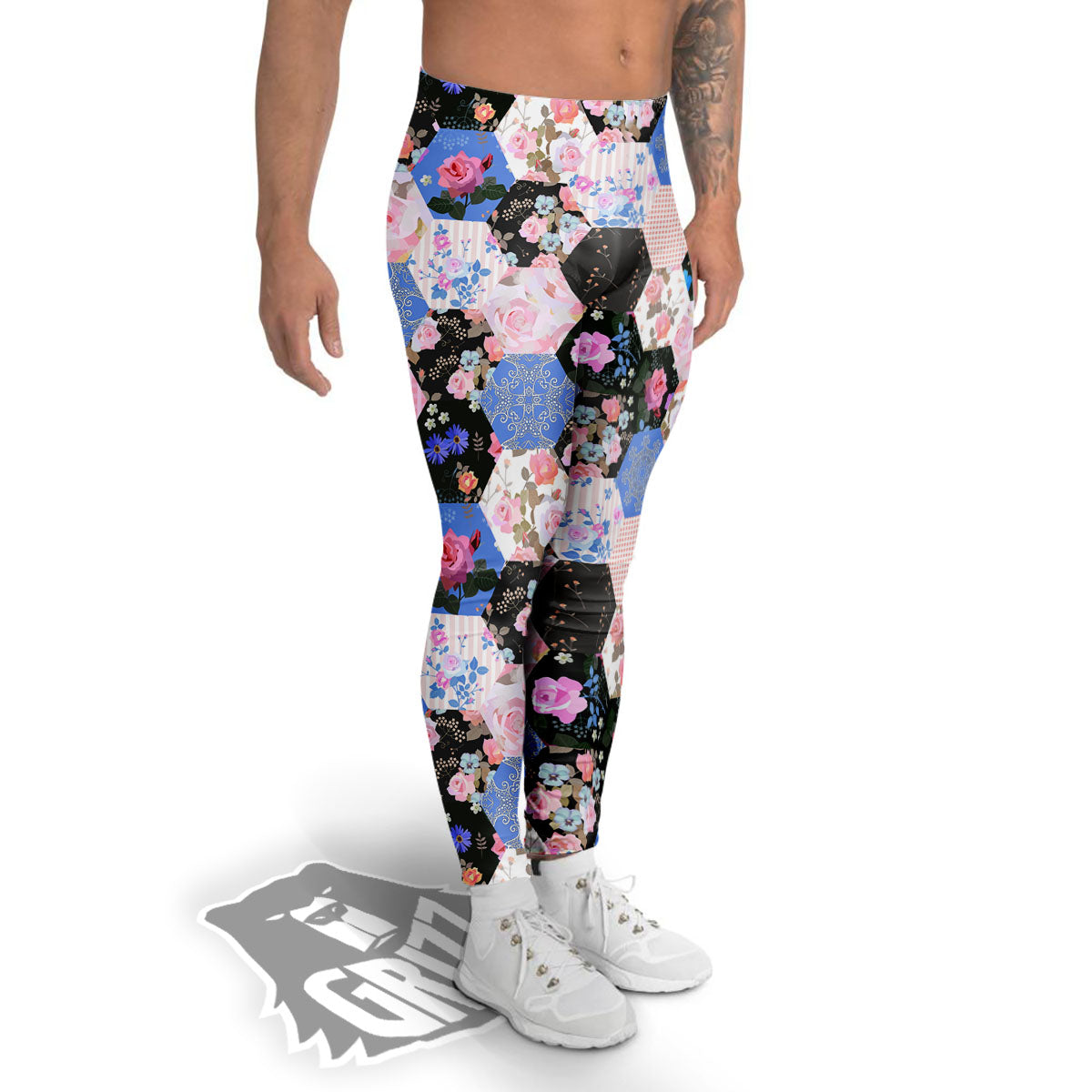 Flower Patchwork Pink Print Pattern Men's Leggings-grizzshop