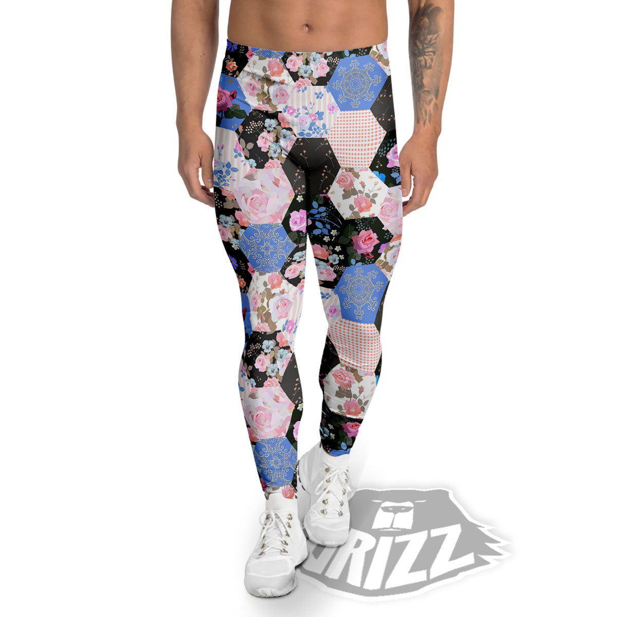 Flower Patchwork Pink Print Pattern Men's Leggings-grizzshop