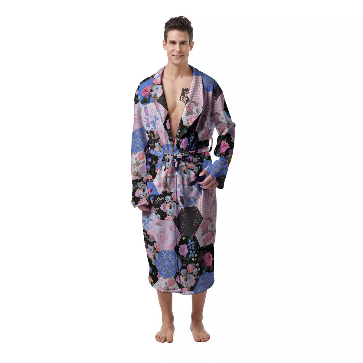 Flower Patchwork Pink Print Pattern Men's Robe-grizzshop