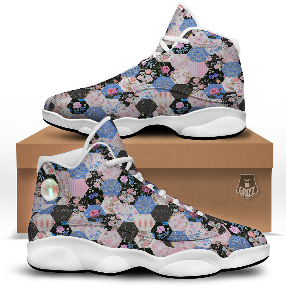 Flower Patchwork Pink Print Pattern White Basketball Shoes-grizzshop